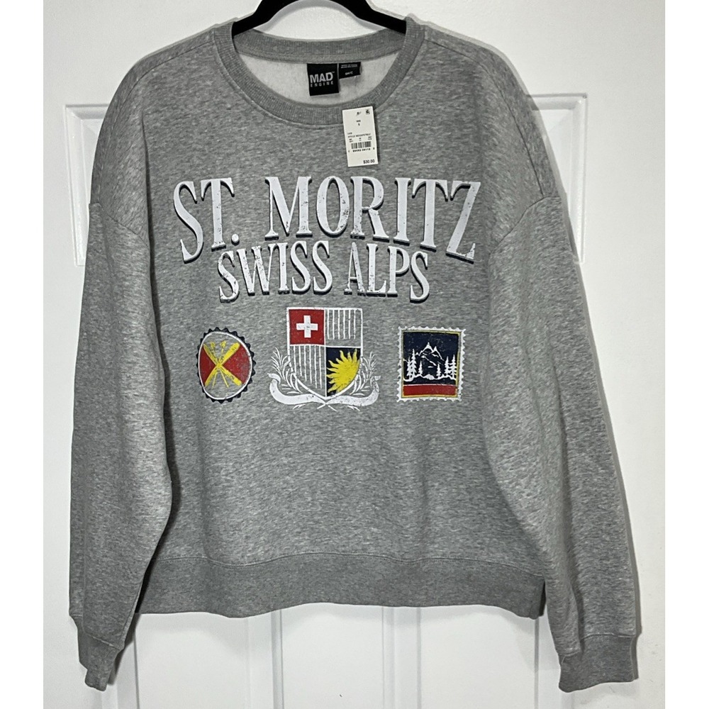 St. Moritz Swiss Alps Long Sleeve Fleece Sweatshirt - Heather Gray Men's Small